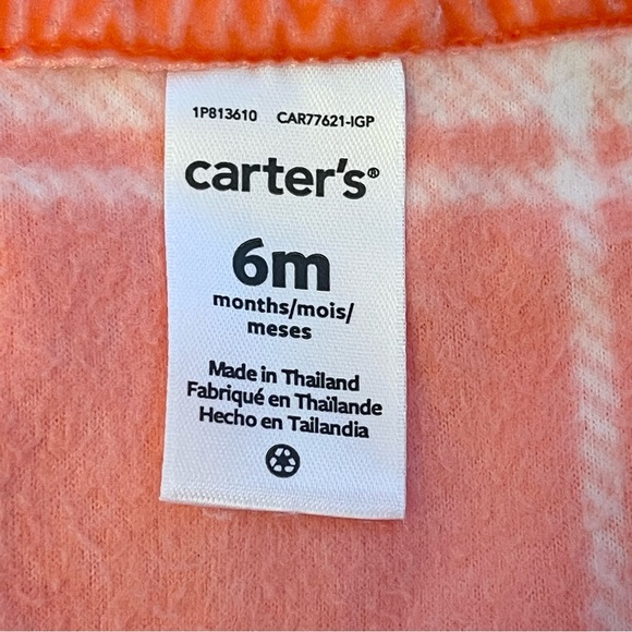 Carter’s 6M Orange & White Plaid Fleece Hoodie Jumpsuit - Picture 6 of 7